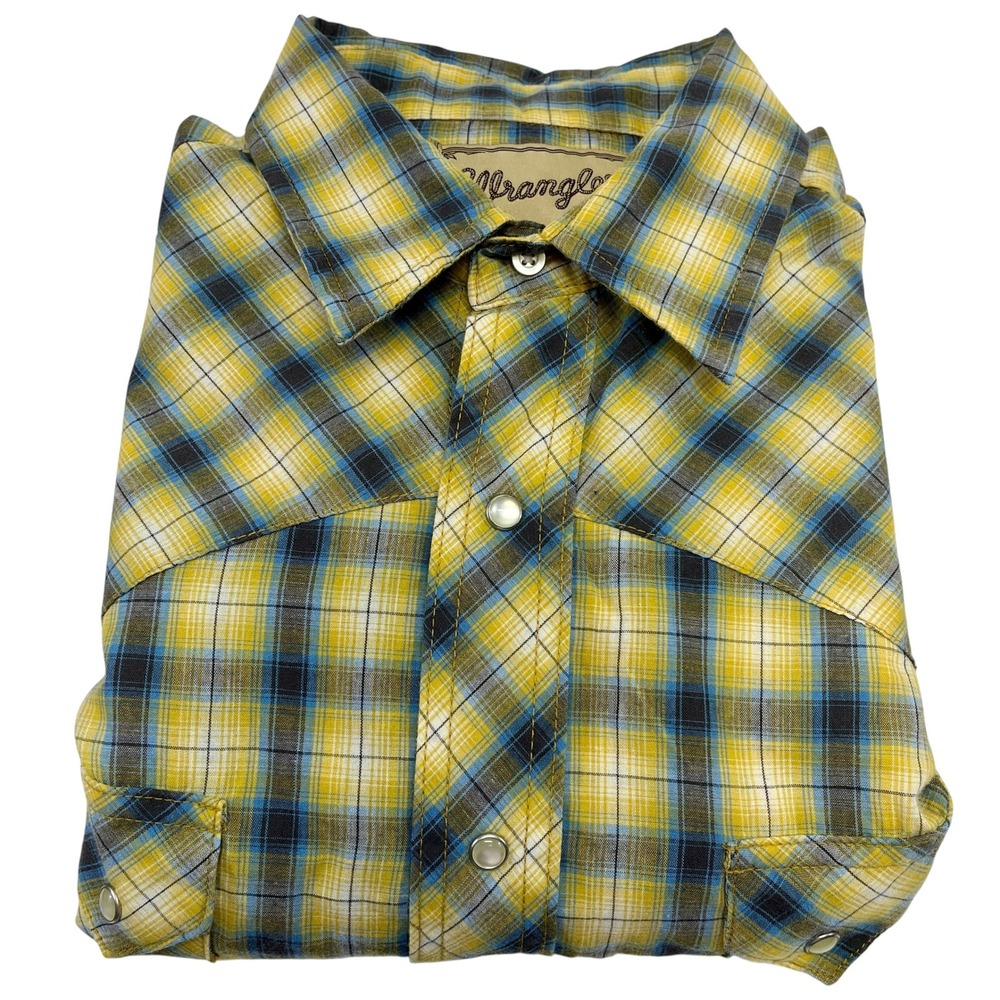Wrangler Western Pearl Snap Shirts Plaid Yellow Blue Mens Lg  Sawtooth Pocket‎